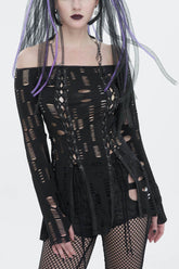 Black Elastic Ripped One Shoulder Rope Style Halter Neck Long Sleeves Women's Gothic T-Shirt